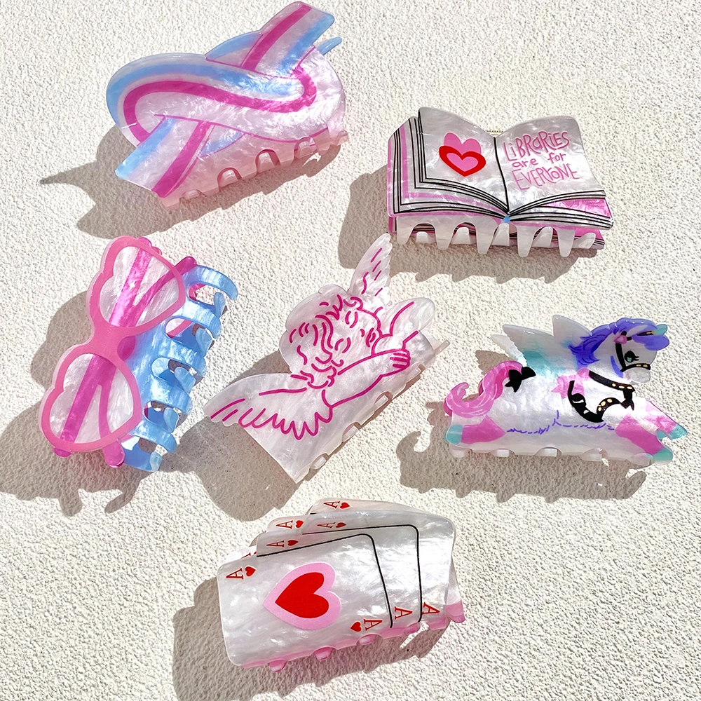 Valentine\'s Day Gift Pink Heart Printed Cartoon Hair Claw Clip For Women Girls Unique Acrylic Cute Headwear Hair Accessories