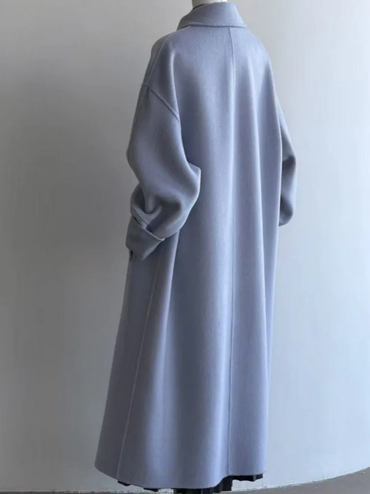 Leisure Ladies Turn Down Collar Straight Wool Blends Solid Color Single-Breasted Overcoat Fashion Female Long Sleeves Outerwear