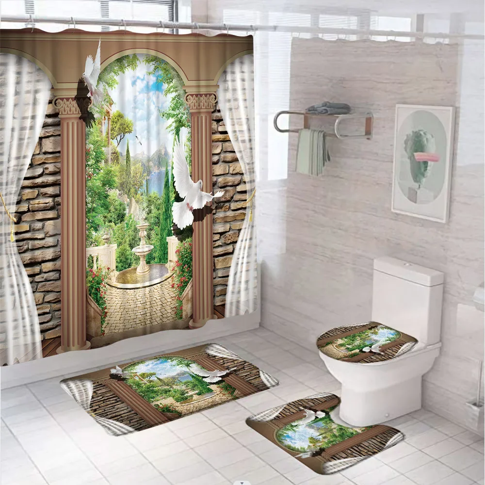 Natural Scenery Garden Shower Curtain Sets Architecture Landscape Bathroom Curtains Non-Slip Bath Mat Pedestal Rug Toilet Cover