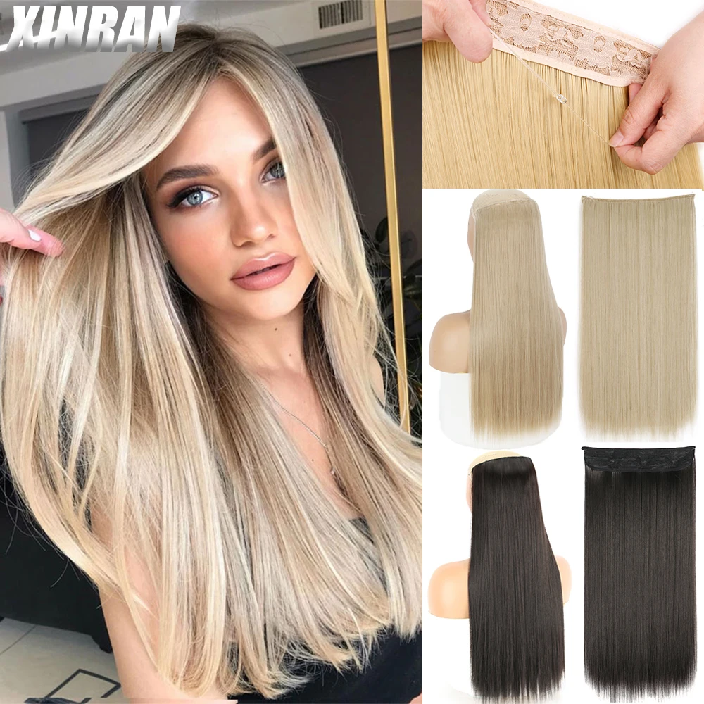 Extensiones de Cabello sintético sin Clip, extensiones de cabello de alambre Invisible, negro, Rubio, largo, recto, una pieza, peinado