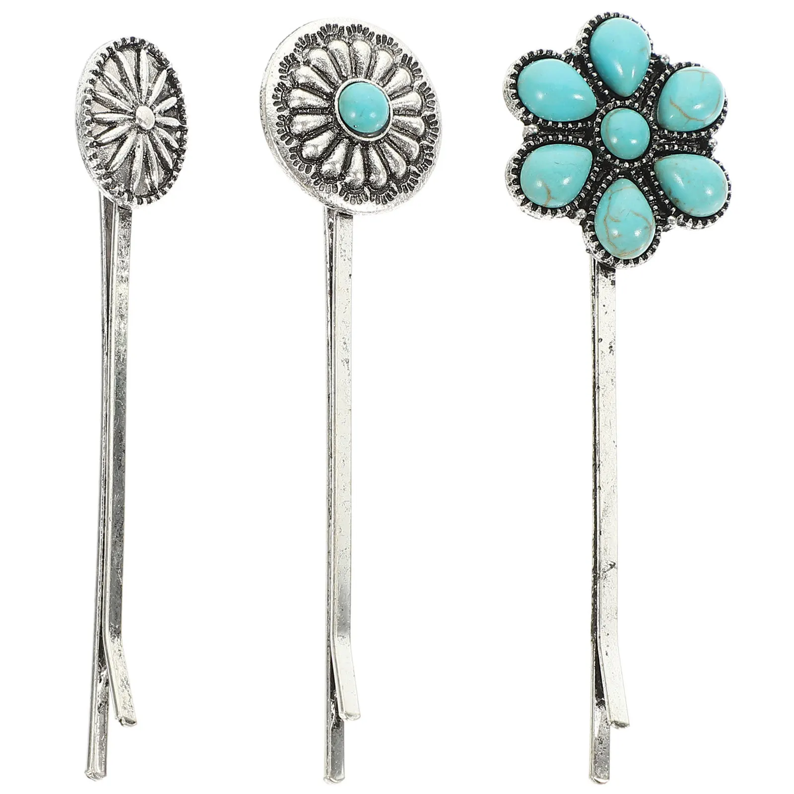 

3pcs Retro Flower Hair Clips Turquoise Metal Hairpins For Women Vintage Hair Barrettes Styling Accessories Party Travel Gift