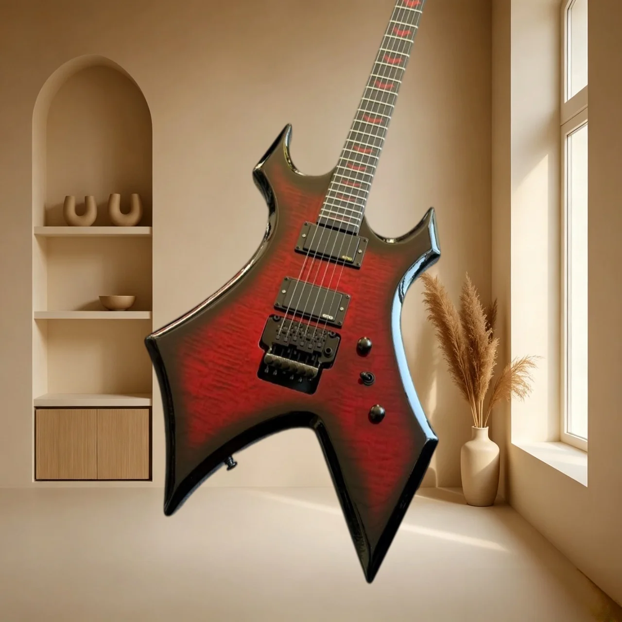 Red Black Tiger Gradient Warlock Shape Electric Guitar Dual Humbuckers Double Tremolo Red Inlay Mahogany Body Heavy Metal Stage