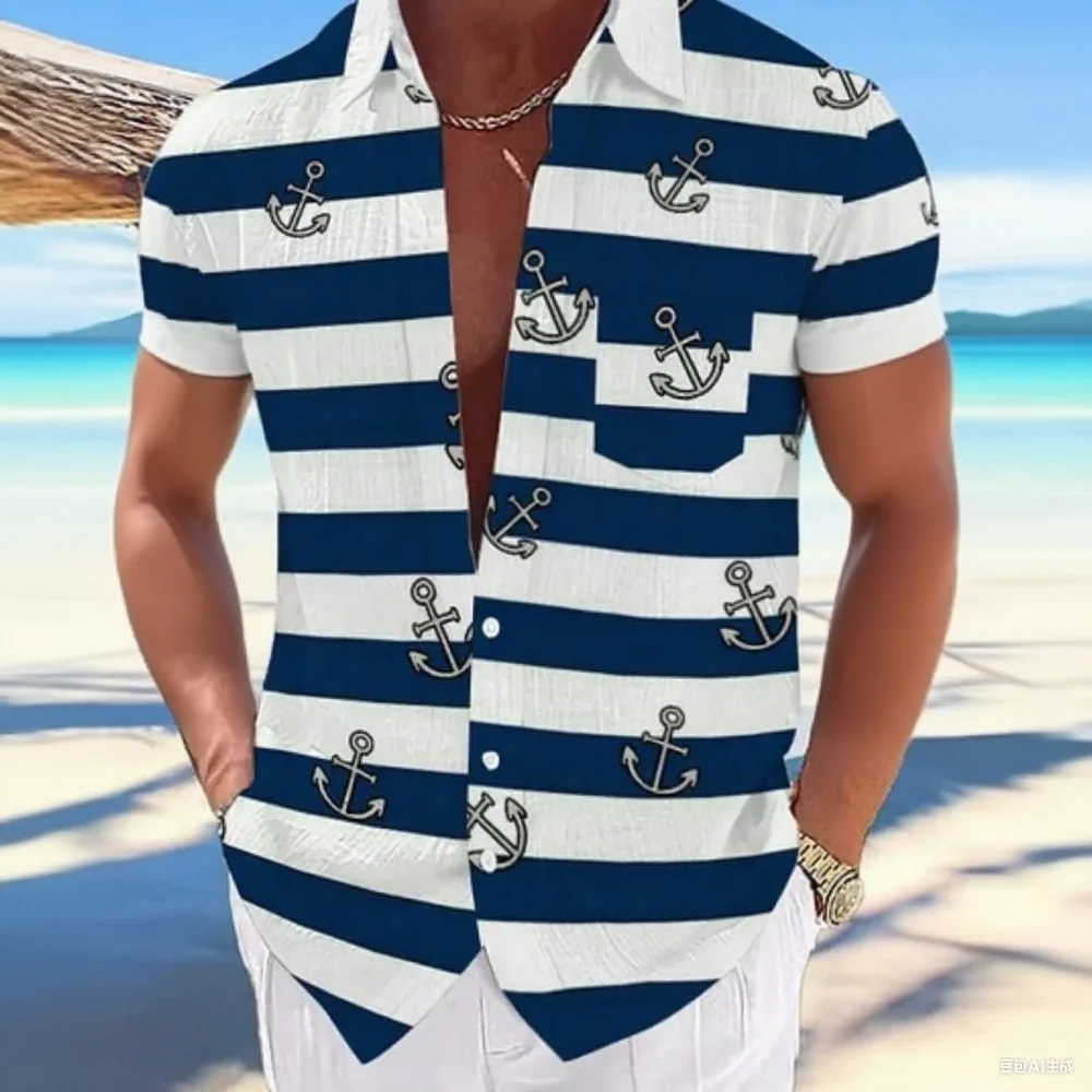 

New men's casual summer wear - Hawaiian style - Men's navy blue short-sleeved 3D printed pattern short-sleeved casual shirt - Br