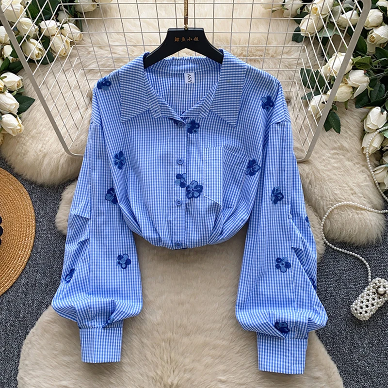 Women's Shirt Fall Spring Korean Casual Retro Embroidered Floral Plaid Blouse Long Sleeve Open Front Commute Female Top BL600