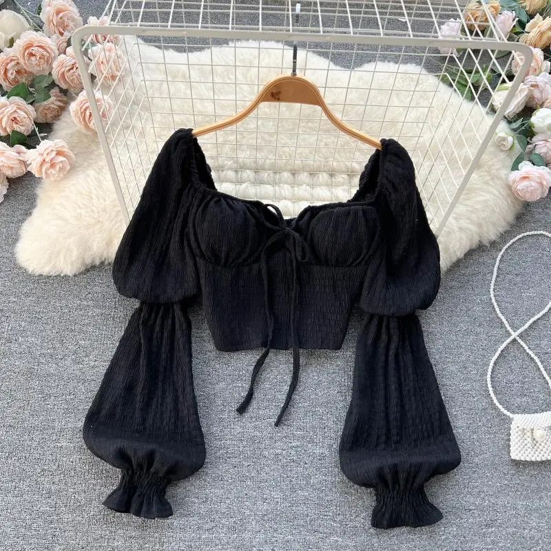 Fashion Sweet Solid Color Short Blouse French Style Square Collar Puff Sleeve Lace Up 2023 Women Streetwear Spring Top