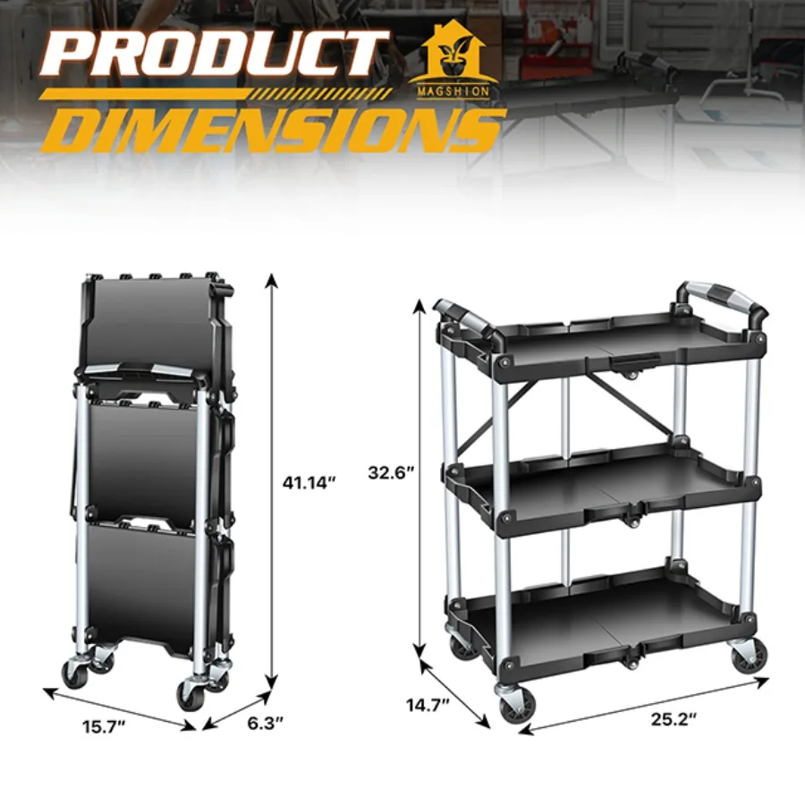 3 Tier Folding Rolling Service Cart, 265lbs Capacity Collapsible Utility Cart for Warehouse, Workshops,  w/ 360 Spend Swivel