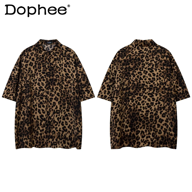 

Men's 2025 Summer New Fashion Simple Loose Comfort Shirts Trendy Handsome Leopard Print Short-sleeve Shirts Male Lapel Chic Tops