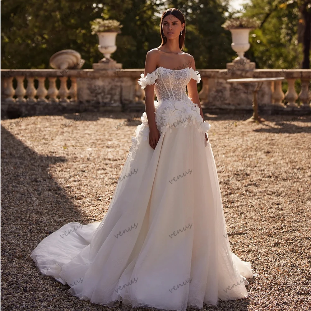 Exquisite Brautkleider, A-Linie, Tüll, abgestufte Brautkleider, 3D-Applikationen, schulterfrei, Roben, Vestidos de Novia, individuell gestaltet 2026