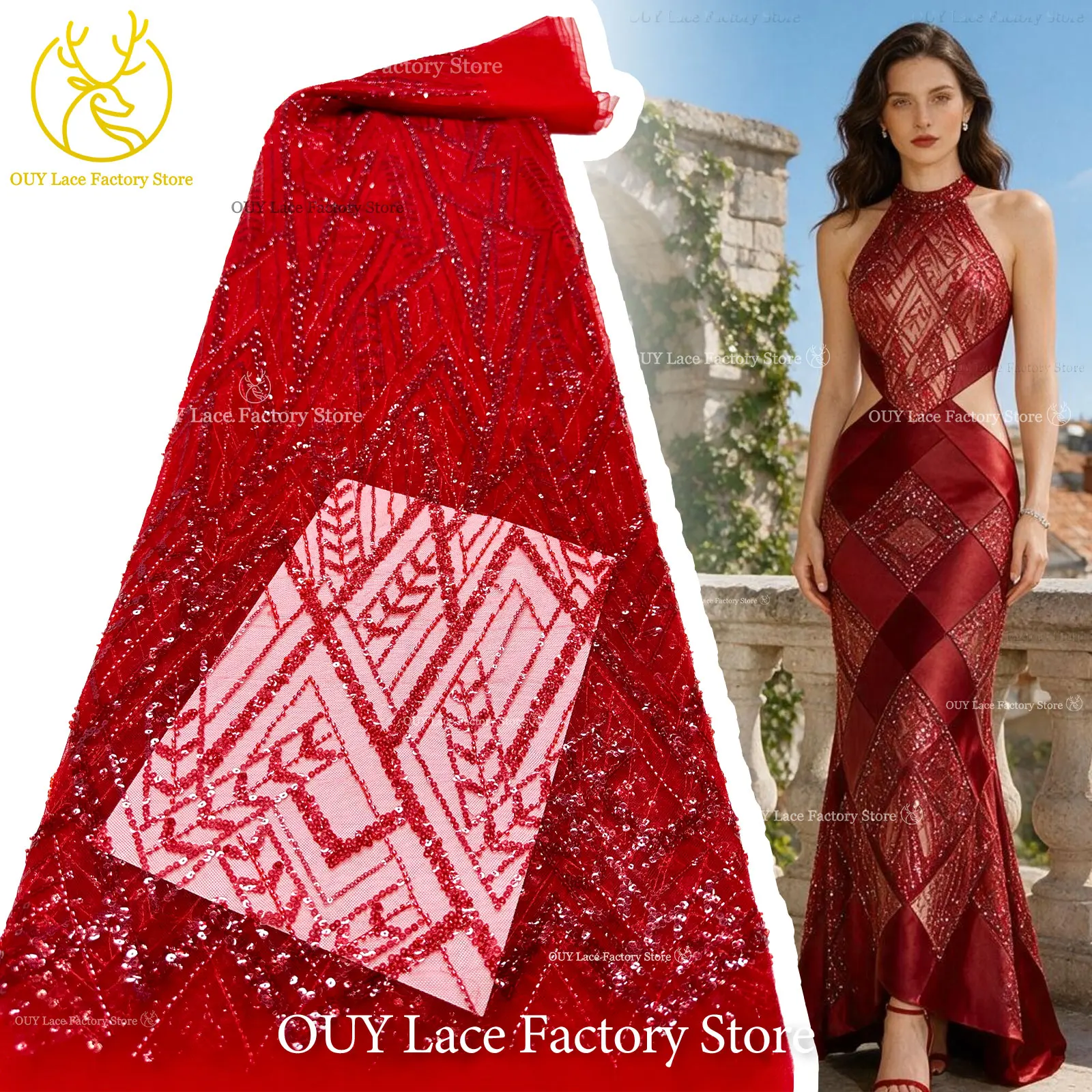 Red African Beaded Lace Fabric,5Yards High Quality Sheer Mesh Sequin Lace Cloth for Women High‑End Banquet Gown and Dress Sewing