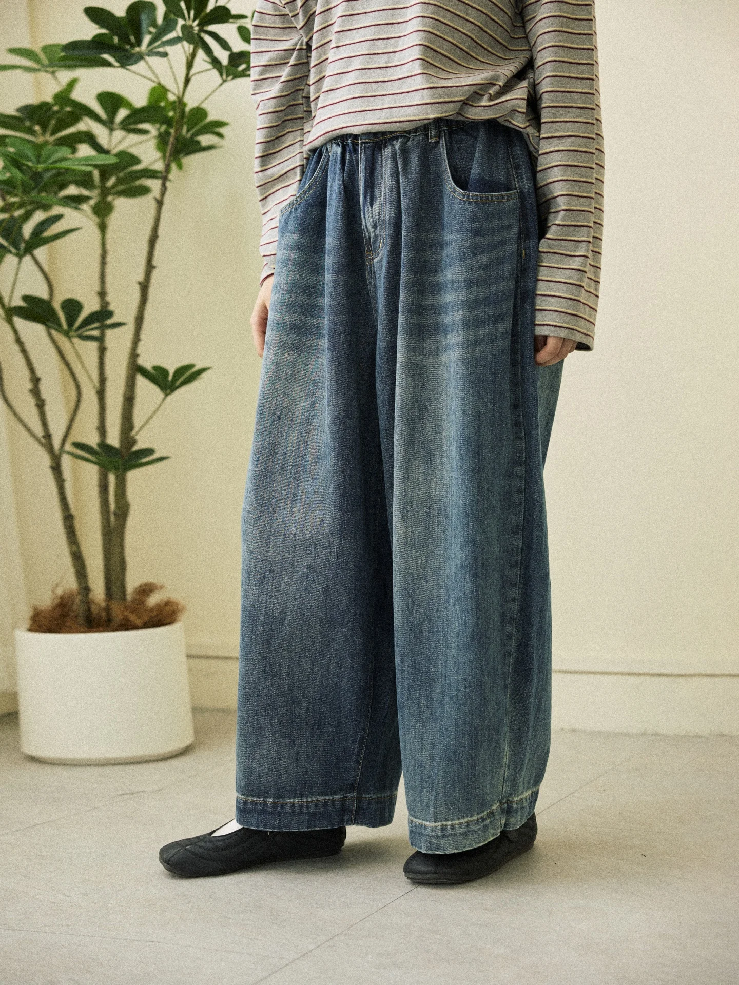 

Джинсы Annuus осенне-зимние, свободные, широкие, классические синие, с эффектом потертости, на резинке, прямого кроя, повседневные, женские