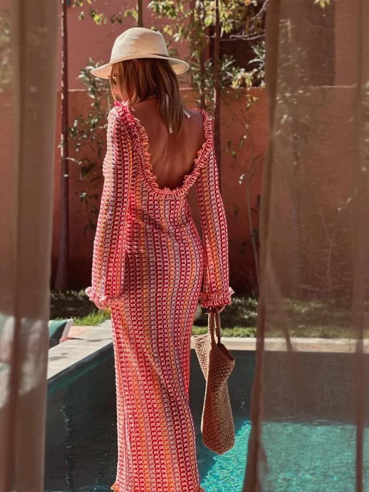 Vestido largo de punto a rayas con volantes y espalda descubierta para mujer, vestidos de playa ajustados de manga larga a la moda, vestidos femeninos para vocación de verano