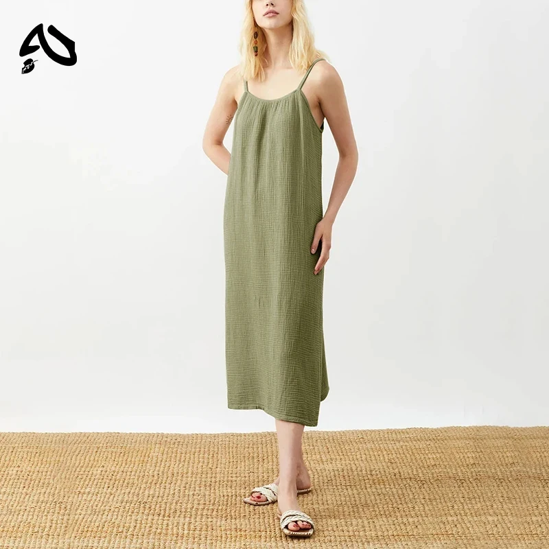 

Original Retro 100% Cotton Gauze Muslin Women'S Dress Casual Loose Sleeveless Adjustable Strap Open Side Holiday Beach Sundress
