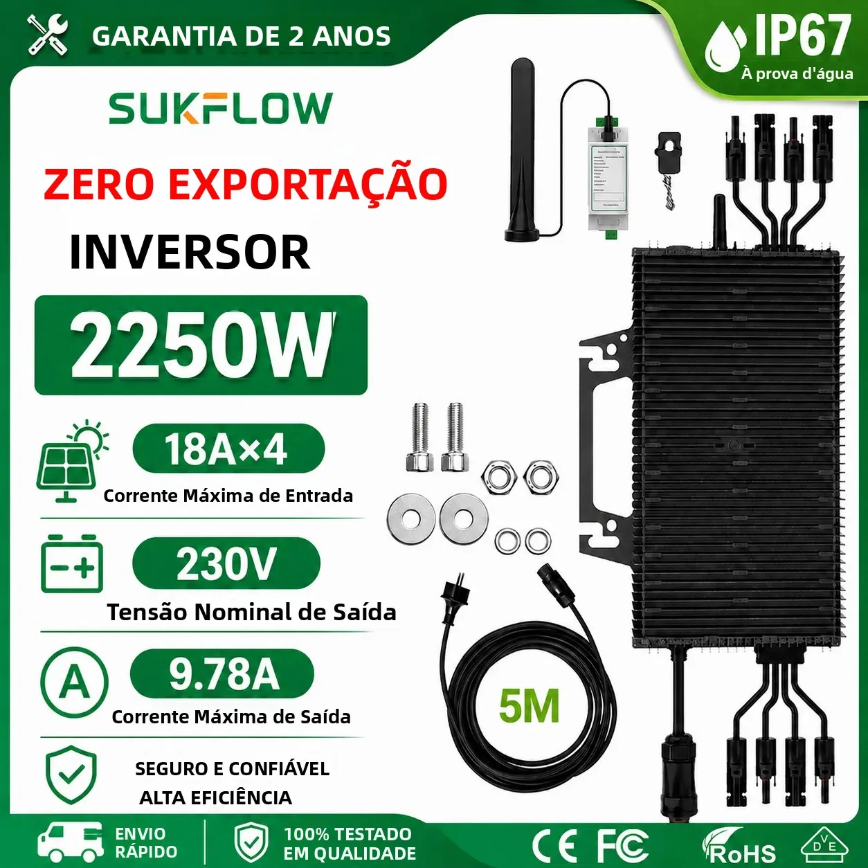 Microinversor Zero Injection 2250W, Microinversor Solar Fácil de Instalar para Sua Casa, Tensão de Saída 230V, Microinversor Conectado à Rede.