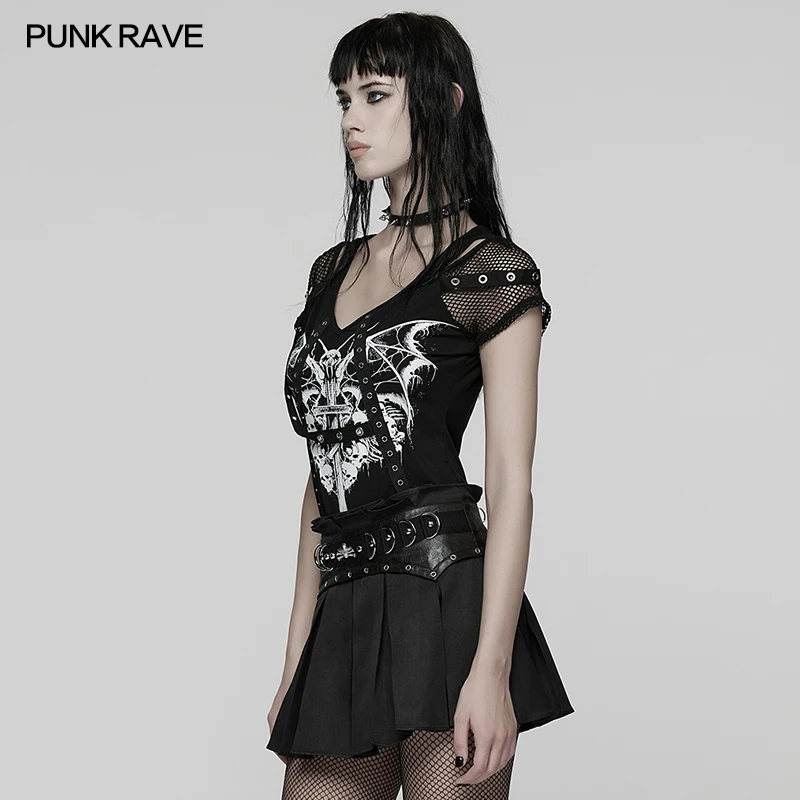 PUNK RAVE Women Punk Skeleton Print T-shirt Fishnet Sleeve Goth Asymmetric Hem Top WT1057
