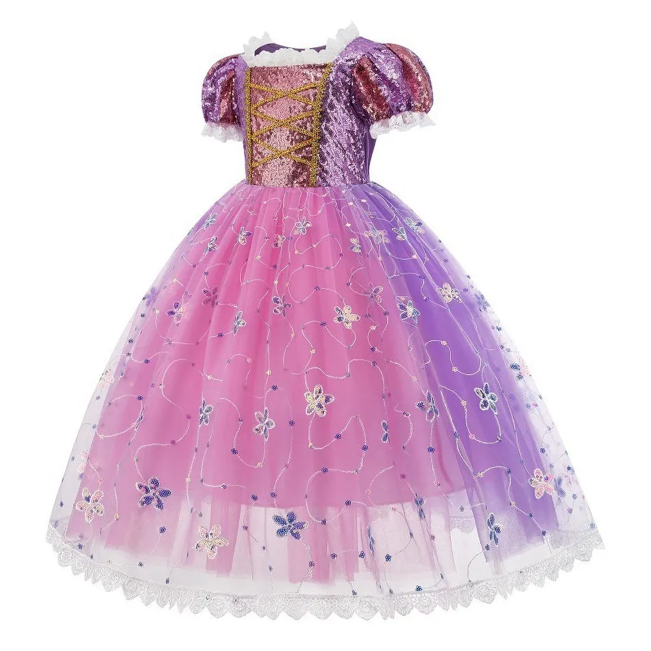 Children Halloween Costume Little Girls Rapunzel Costume Sequins Purple Dress Kids Princess Cosplay Dress 3 4 5 6 7 8 9 10 Years