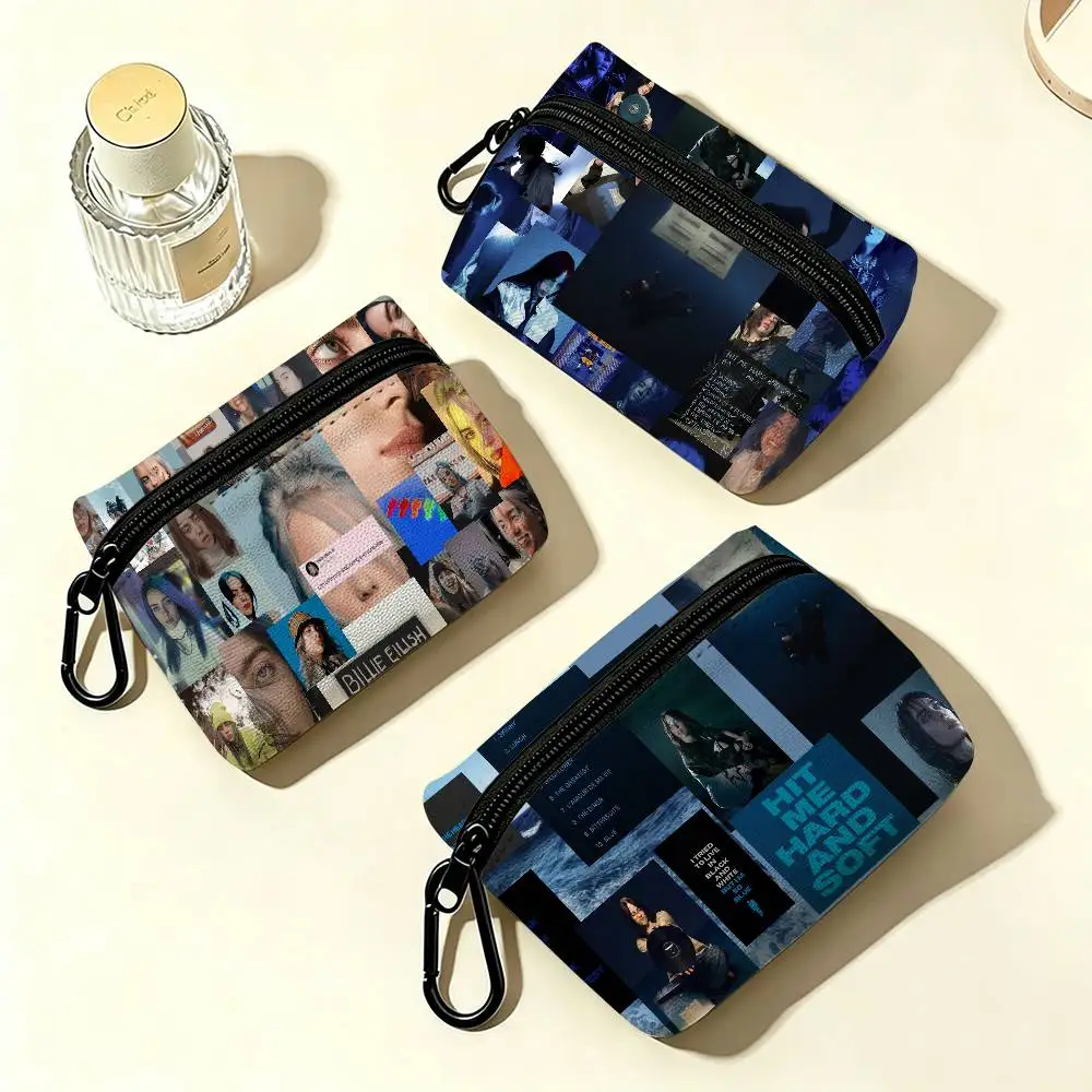 Fashion Billie Eilish Singer Star Lightweight Oxford Fabric Coin Purse Carabiner Hook Design Mini Card Key Organizer Bag