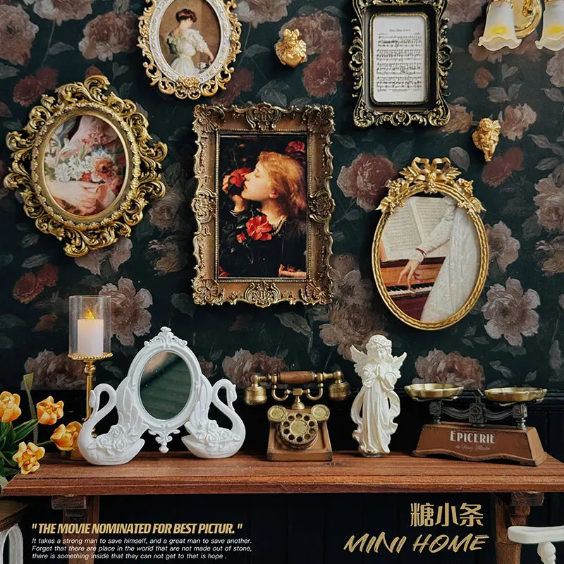 Miniature Photo Frames Retro Decorative Painting Mini Swan Mirror European Style New Diy Miniature Dollhouse Accessories