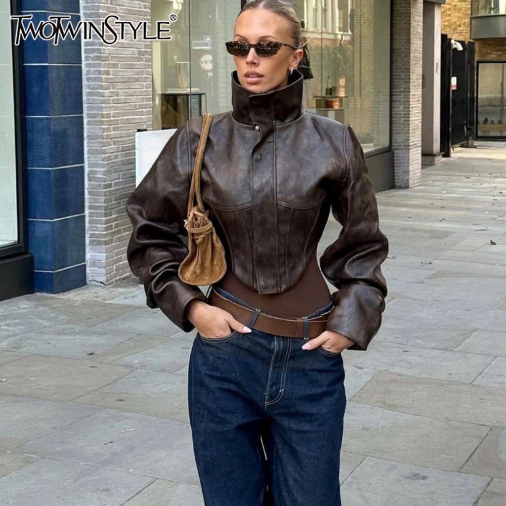TWOTWINSTYLE Vintage PU Leather Spliced Zipper Coat for Women Stand Collar Long Sleeve Tunic Slimming Streetwear Jackets Female
