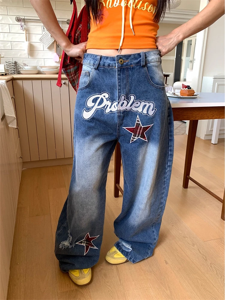 

Женские синие прямые джинсовые брюки с вышивкой звезд, крутые широкие брюки для девочек, винтажные брюки, женские джинсы с высокой талией