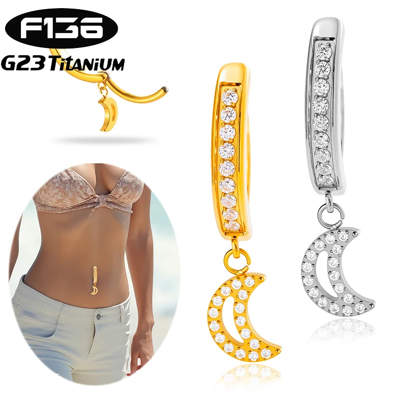 

1PC G23 Titanium Piercing Zircon Moon Pendant Belly Button Ring Reverse Curved Navel Ring Barbell Belly Piercing Body Jewelry