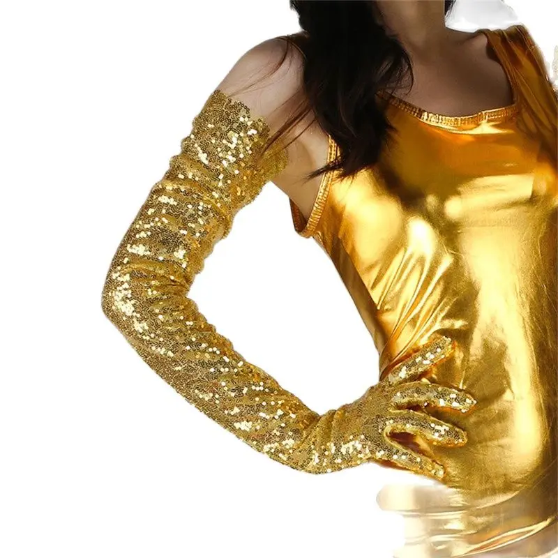 70cm Gold Sequin Long Gloves for Women Touchscreen Compatible Embroidered Blingbling Lace Gloves for Dress Occasions