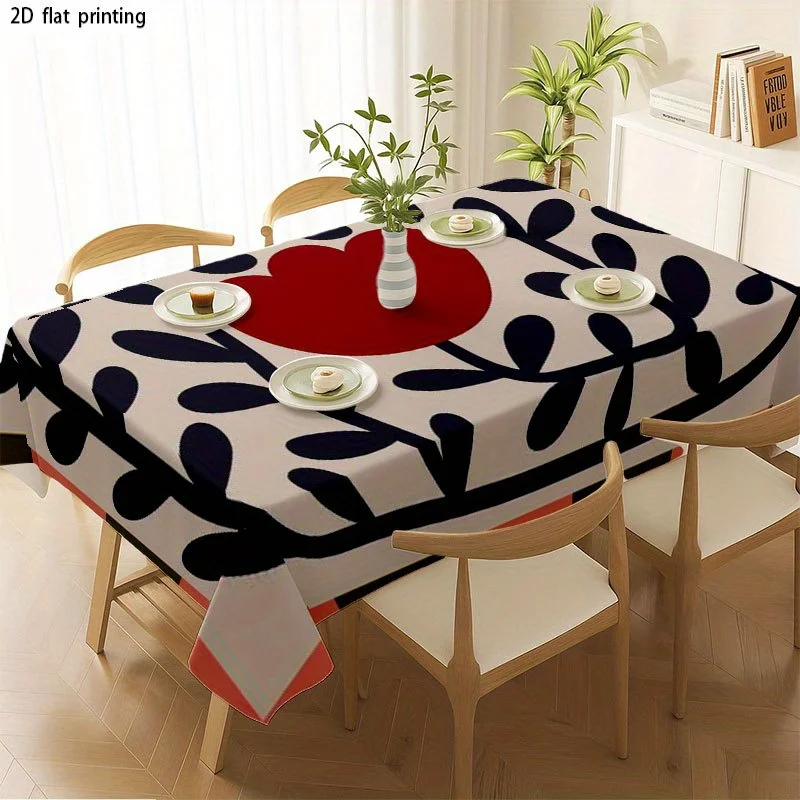 Red heart and green leaf border, simple and retro style. Foldable and easy-to-store tablecloth with Christmas decoration print.