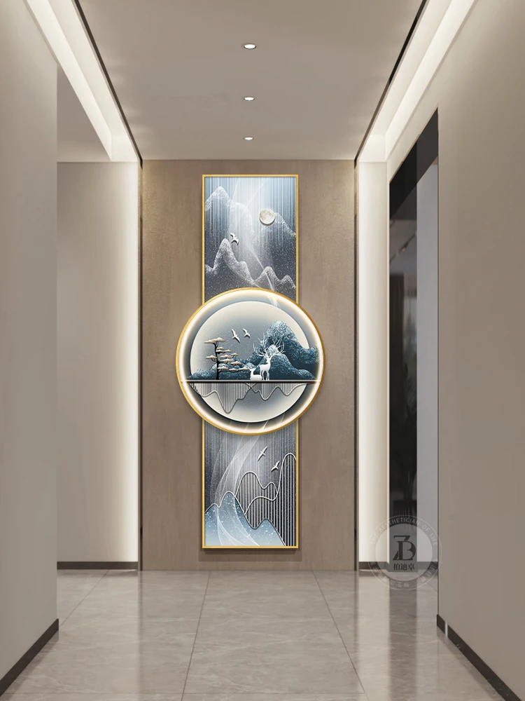 The entrance decoration painting is atmospheric,  vertical version of  elk led lamp mural enters  house