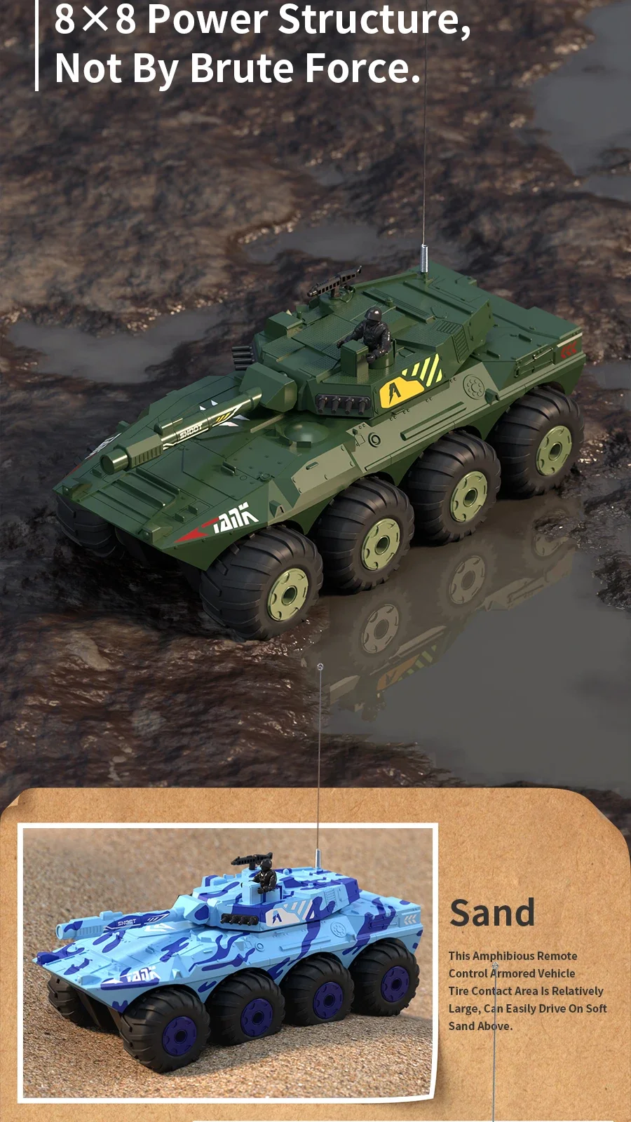 リモコン水路水陸両用装甲車 防水 大型 2.4G 頑丈 電動戦車 おもちゃ モデル 男の子向けギフト