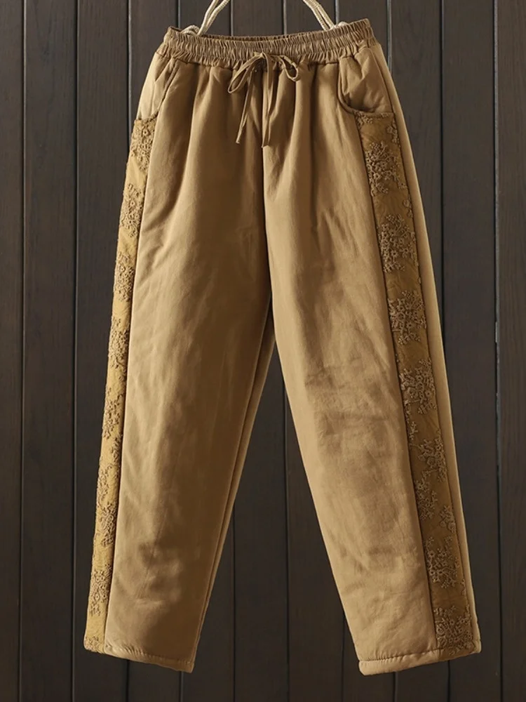 Thickened Cotton Lace Embroidery Harlan Pants Women's Winter Casual Cotton Trousers High Waist Long Pants Full Cotton Warmth