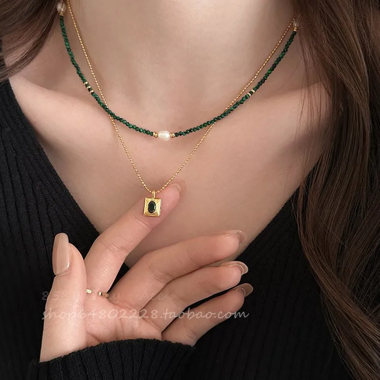Hot Sell Fashion Natural Freshwater Pearl & Malachite Stone 14K Gold Filled Lady Choker Chain Necklace Jewelry No Fade Gifts