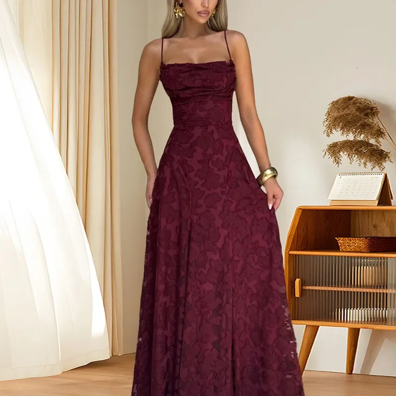 New Sexy Sleeveless Backless Boho Dress Elegant Jacquard Crochet Lace Prom Dresses Summer Solid Slash Neck Embroidery Long Dress