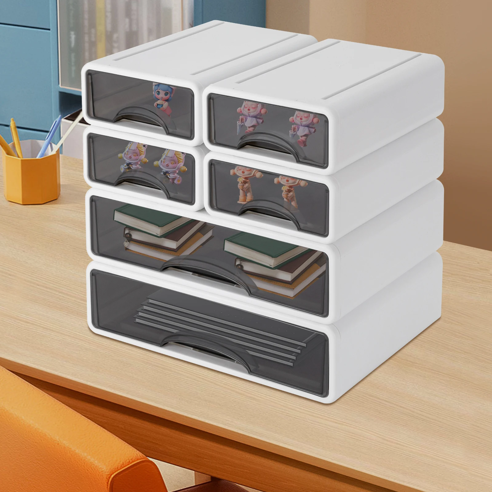 Cajones de Escritorio, Organizador de Escritorio con 6 Cajones, Caja de Almacenamiento Apilable de Plástico para Colección del Hogar, Cosméticos, Suministros de Oficina