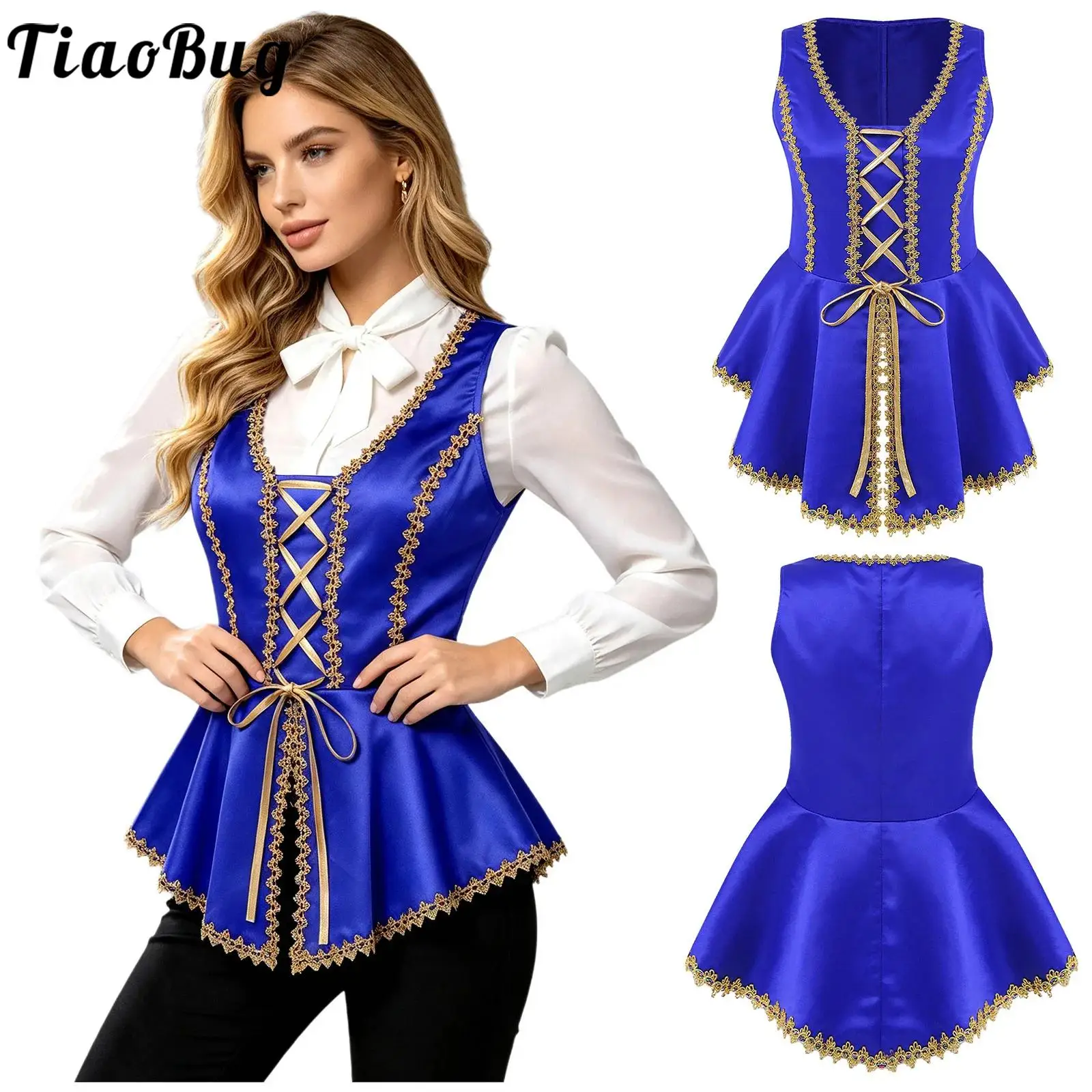 Women Satin Victorian Waistcoat Gold Trim Gothic Steampunk Thank Tops Lace-up Sleeveless Peplum Vest for Halloween Raves Party