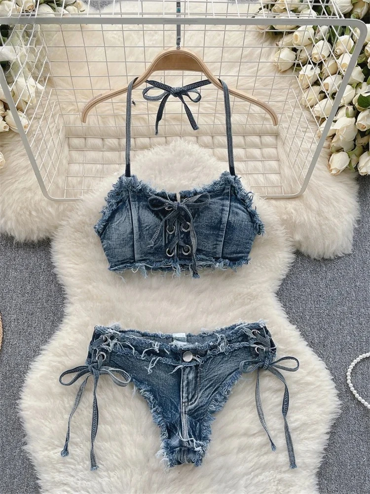 

Retro Women Bikini Denim Suits Summer Halter Camis Mini Short Pant Fashion Vacation Suits Sexy Comfortable