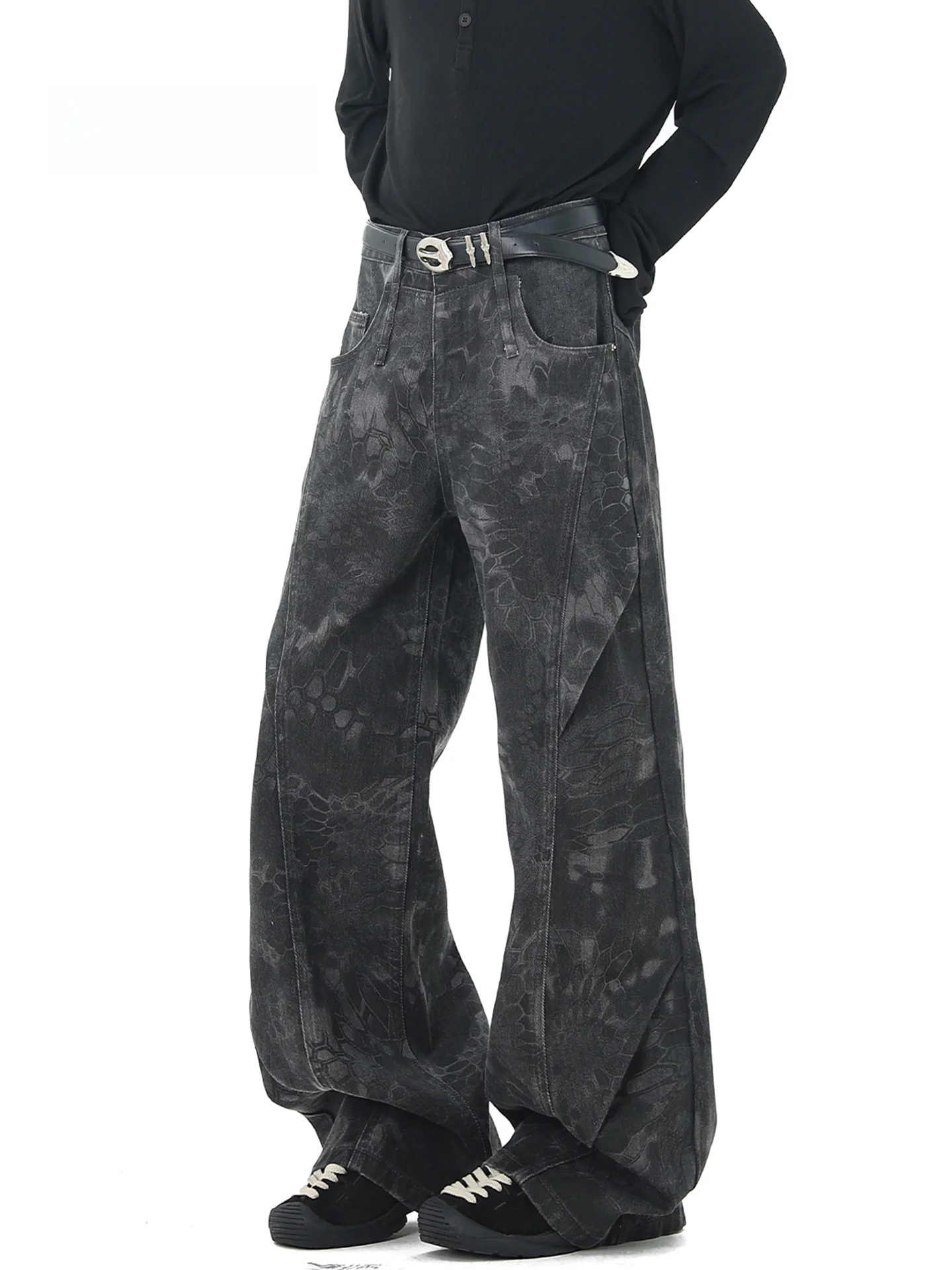 

MMOPTOP American Style Camouflage Pants Men's Spring Summer Casual Loose Pleated Splicing Wide Leg Straight Cut Trousers
