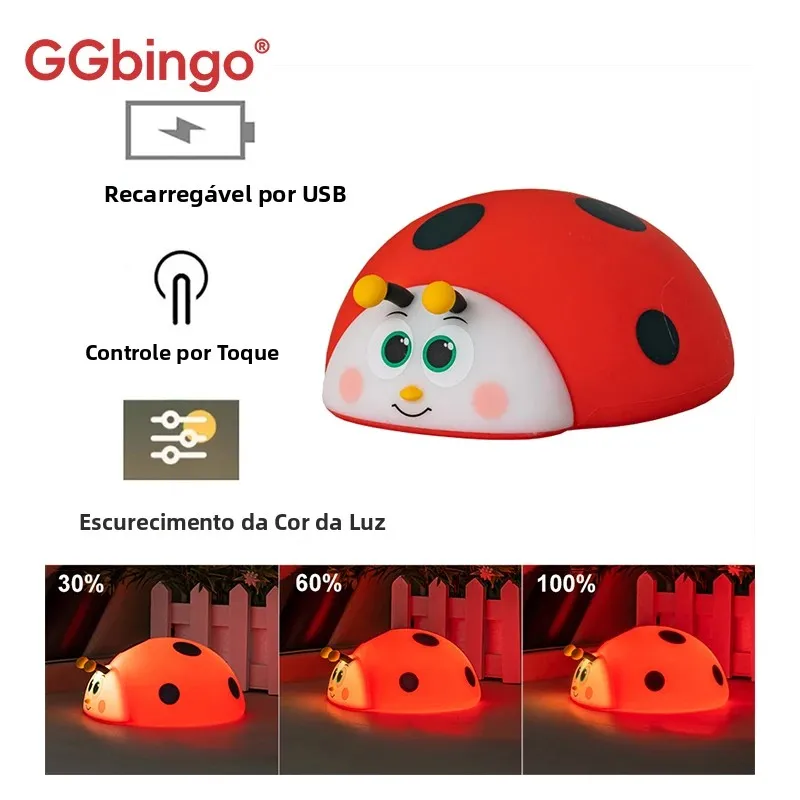 Luminária Noturna LED RGB Joaninha Vermelha, Lâmpada de Silicone com Sensor de Toque e Temporizador, Recarregável via USB para Decoração de Quarto