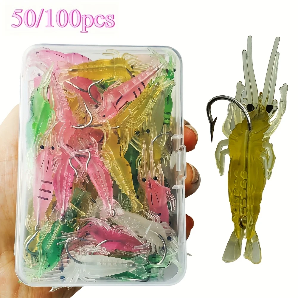 50/100 pièces artificiel doux crevette leurre ver pour pêche appât crochet pointu manivelle leurres Silicone Shone crevette appât Pesca