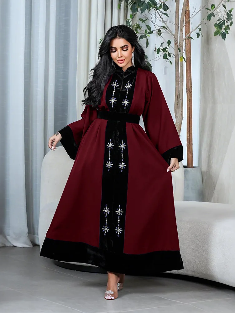 

Fashionable Dubai Women's Velvet Satin Long Robe with Rhinestones Autumn Winter Floor-Length Dress Ethnic Stage Costume