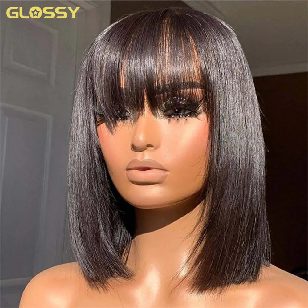 Short Bob Wig With Bangs 4x4 Closure Wigs Human Hair Brazilian Straight Lace Front Wigs For Women Fringe Wig On Sale Halloween