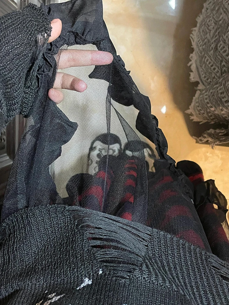 PBAP غير النظامية كشكش المرأة منقوشة تنورة خمر مرونة الخصر توافدوا القوس مكشكش الدانتيل غرزة تنورة طويلة الشرير Alt القوطية وتتسابق #4