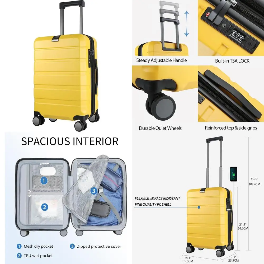 حقيبة حمل صلبة قابلة للتوسيع مع عجلات دوارة، قفل TSA مدمج، حقيبة دوارة متينة، منفذ USB، مناسبة للسفر
