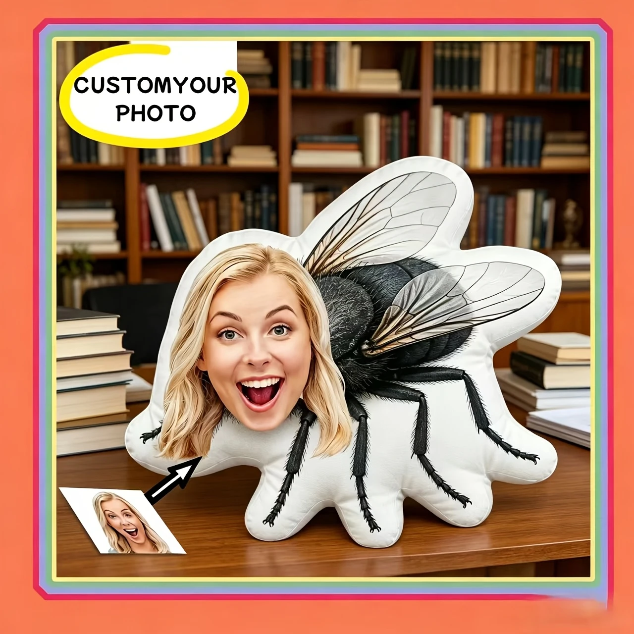 1pc - Custom Quirky Fly Portrait Pillow, Real Photo DIY Demonic Fly Shaped Human Pillow, Customizable Avatar Embedding Design, B