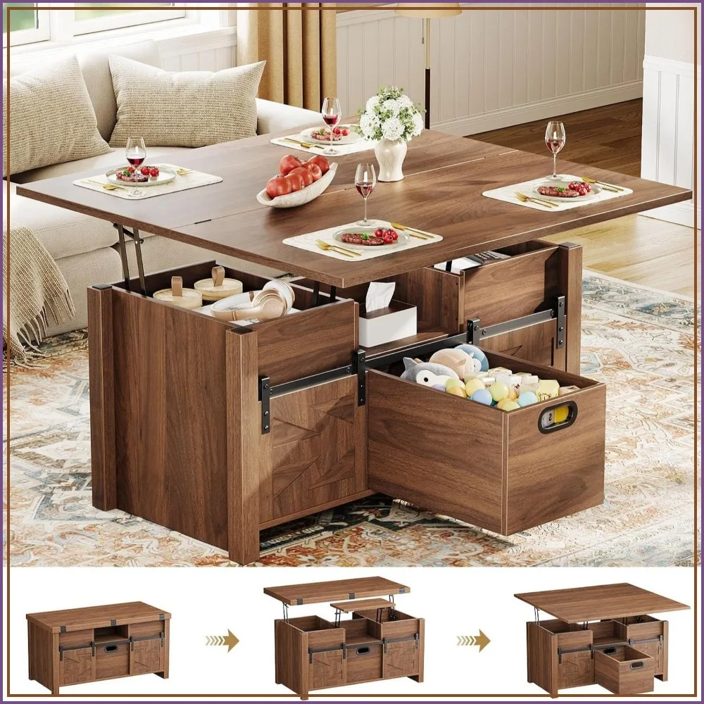 40 inch Farmhouse Lift Top Coffee Table with Storage Drawers, Walnut