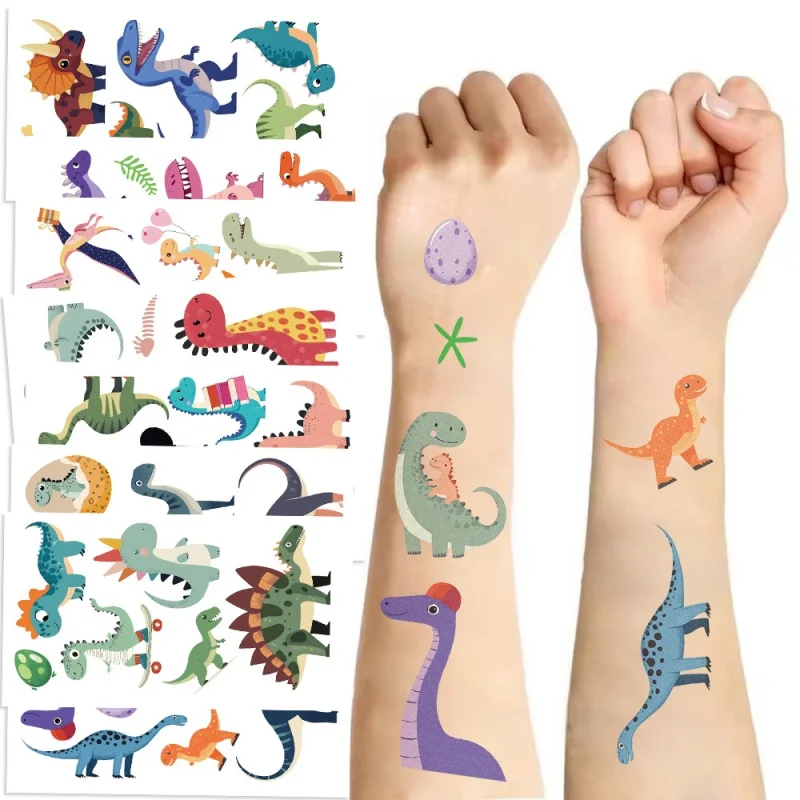 10 hojas de pegatinas de tatuaje de dinosaurio para niños, tatuaje temporal de dinosaurio de dibujos animados, decoraciones personalizadas, juguetes de fiesta, regalos