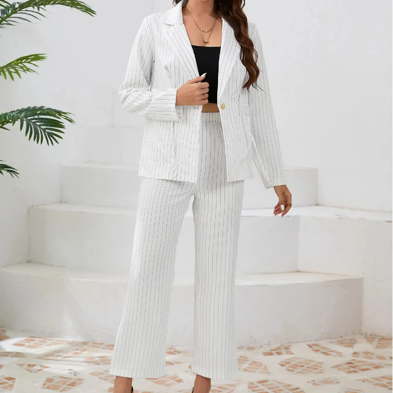 Casual Striped Lapel Slim Strap Small Suit Jacket Straight Leg Pants Two-piece Set Women's Clothing