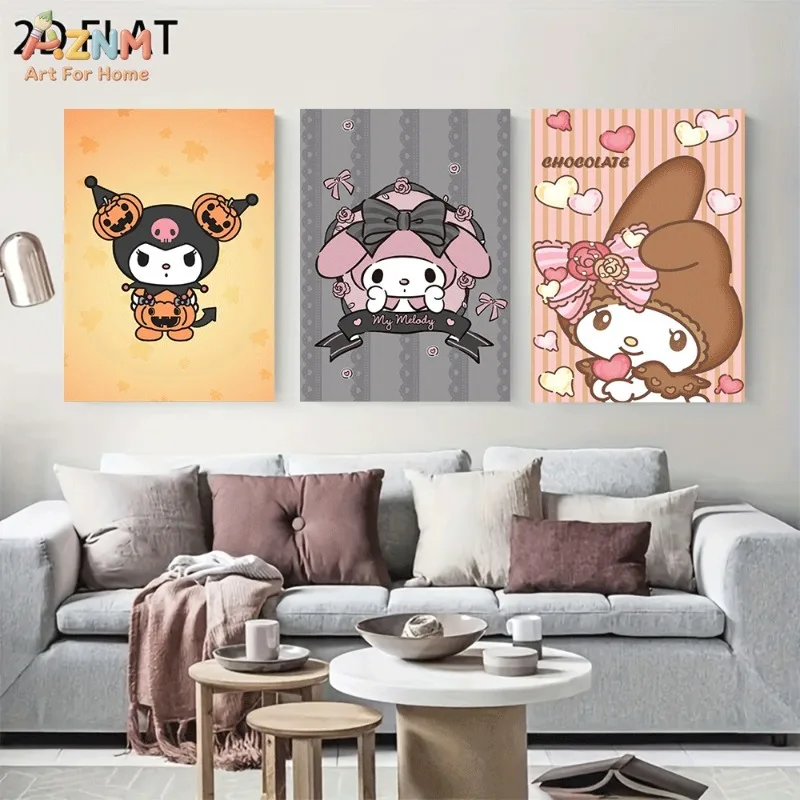 AZNM Unframed Canvas Wall Art Kuromi My Melody Halloween Chocolate Heart Sanrio Poster Cute Girls Room Wall Decor Gift For Sanri