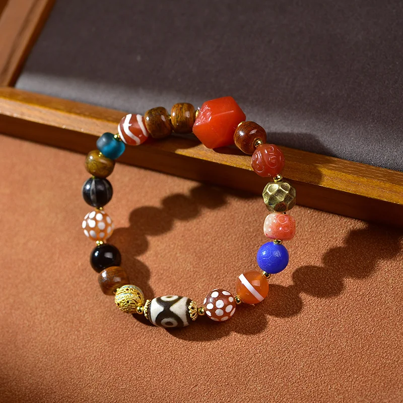 Agate multi-bead bracelet with Tibetan-style three-eyed and tiger tooth-pattern dzi beads prosperity, longev
