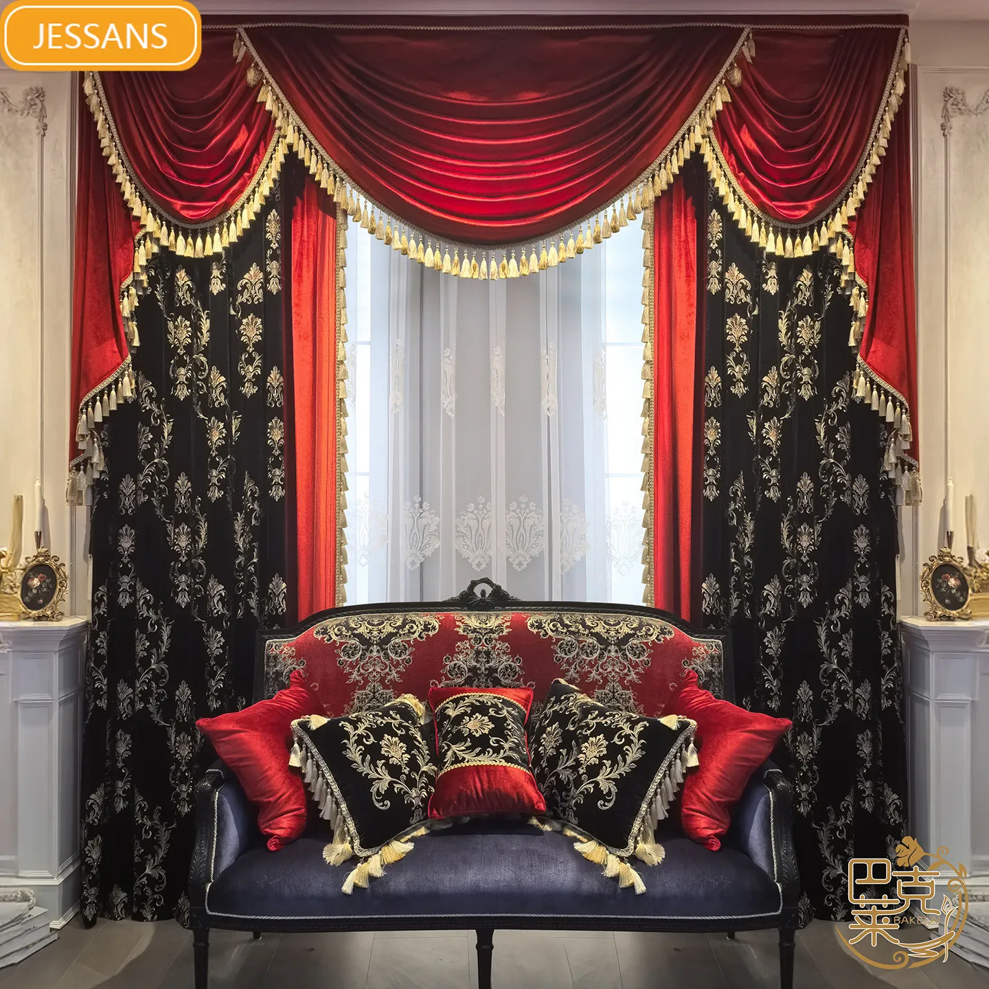 American Style Retro Wine Red Velvet Patchwork Curtains for Living Rooms Bedrooms Villas Customized Finished Printed Curtains