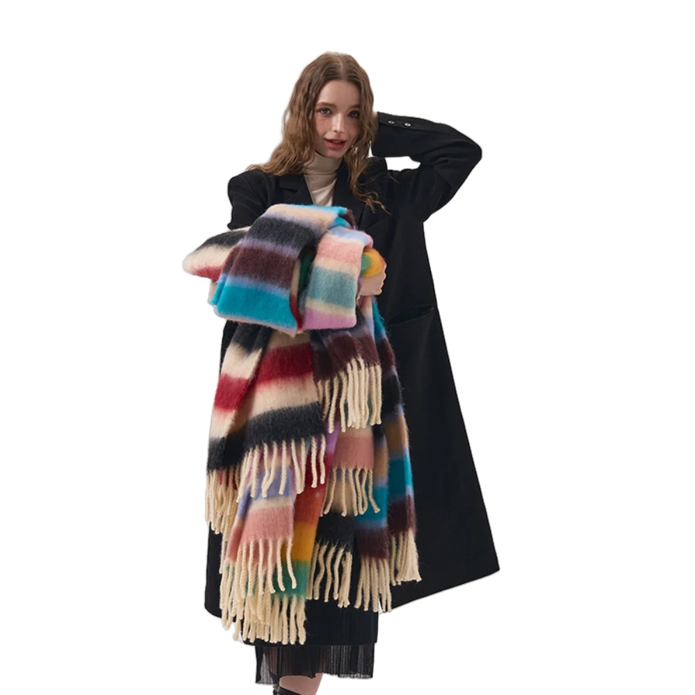 

Модный разноцветный полосатый шарф, зимние теплые вязаные шарфы, роскошный дизайн, женская шаль, утепленная шея, мягкое одеяло
