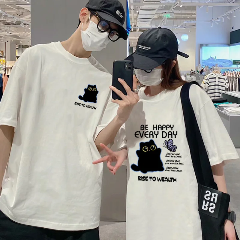 2024 Cartoon Happy Black Cat Graphic Print Summer Fashion Couple T-shirts Tee 240g Cotton Men Women Casual Short Sleeve Tshirts